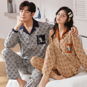 Autumn winter cardigan lapel women knitted cotton lovers pajamas suit long sleeve Korean style cartoon cute men's sleepwear