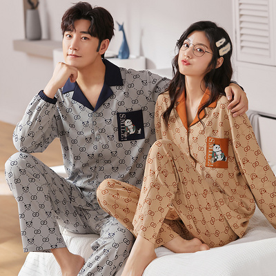 Autumn winter cardigan lapel women knitted cotton lovers pajamas suit long sleeve Korean style cartoon cute men s sleepwear