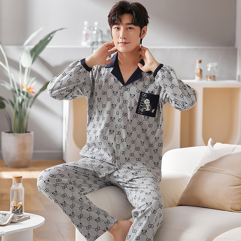 Autumn winter cardigan lapel women knitted cotton lovers pajamas suit long sleeve Korean style cartoon cute men's sleepwear