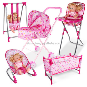 IN STOCK Cheap Plastic metal Baby Doll Stroller Toy Simulation Baby Dining Chair Rocking Chair Swing Bed Toy