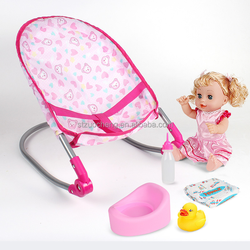 IN STOCK Cheap Plastic metal Baby Doll Stroller Toy Simulation Baby Dining Chair Rocking Chair Swing Bed Toy