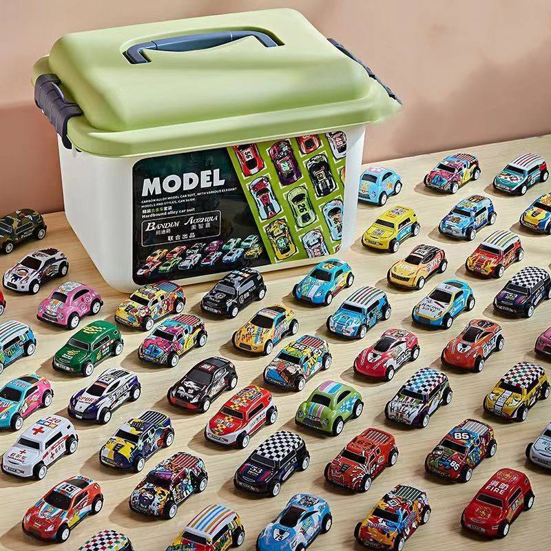 Low MOQ 70pcs mini metal cars pull back small Alloy diecast cars toy set with storage box