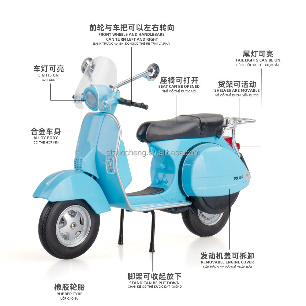 Popular 1:10 vespa 125 Model Simulation Collection light sound Alloy miniature Model Die-cast motorcycle for kids