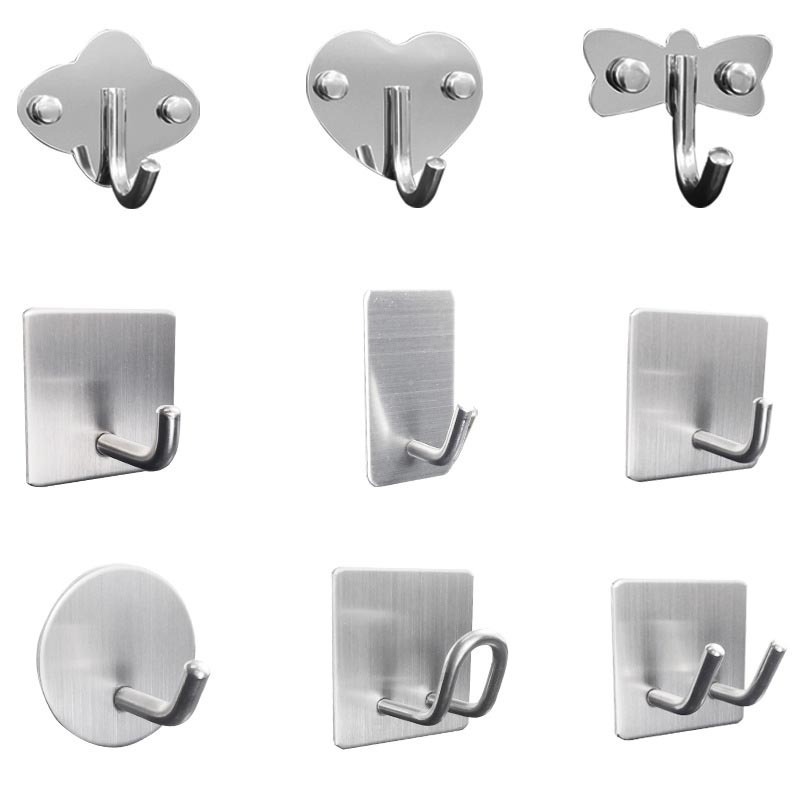 304 Stainless Steel 3M Sticky Nail Free Wall Hooks Key Long Hanger Coat Twin Wall Hooks