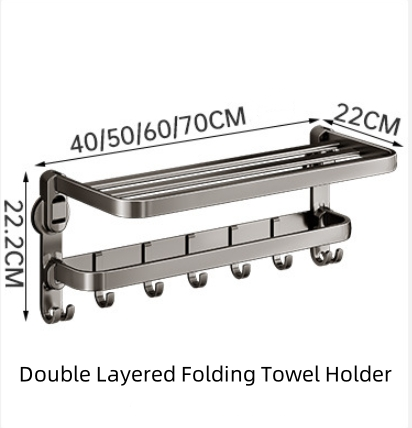 Double Layered Folding Towel Holder Bathroom Storage Rack Wall Mounted Towel Rack Non Perforated Hanging Rod