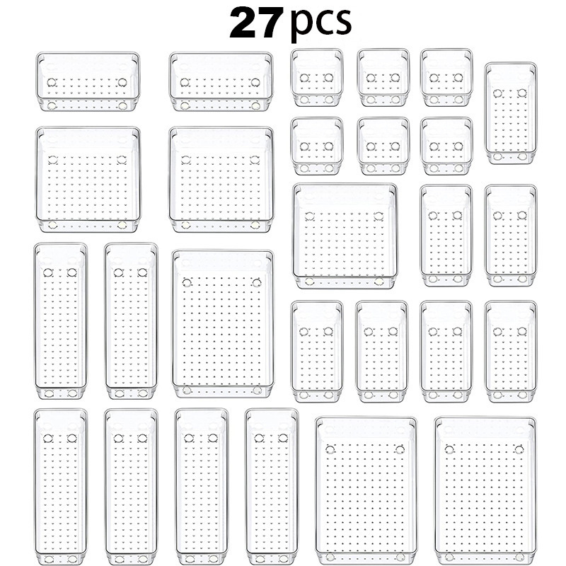 16 pcs Desk Drawer Organizer Trays, 5 Different Sizes Large Capacity Plastic Bins Kitchen Drawer Organizers