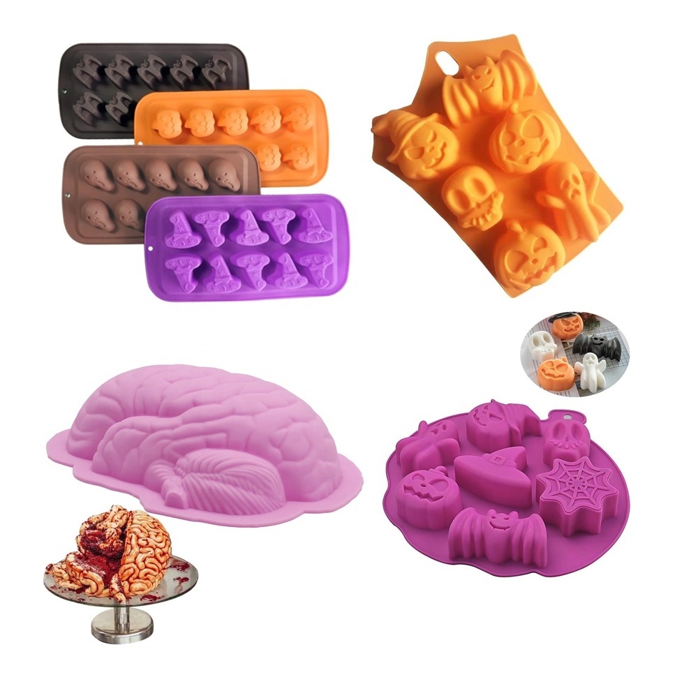 DIY Halloween Candy Chocolate Moulds Pumpkin Wizard Hat Ghost Bat Brain Baking Mold Silicone Halloween Cake Cookie Molds