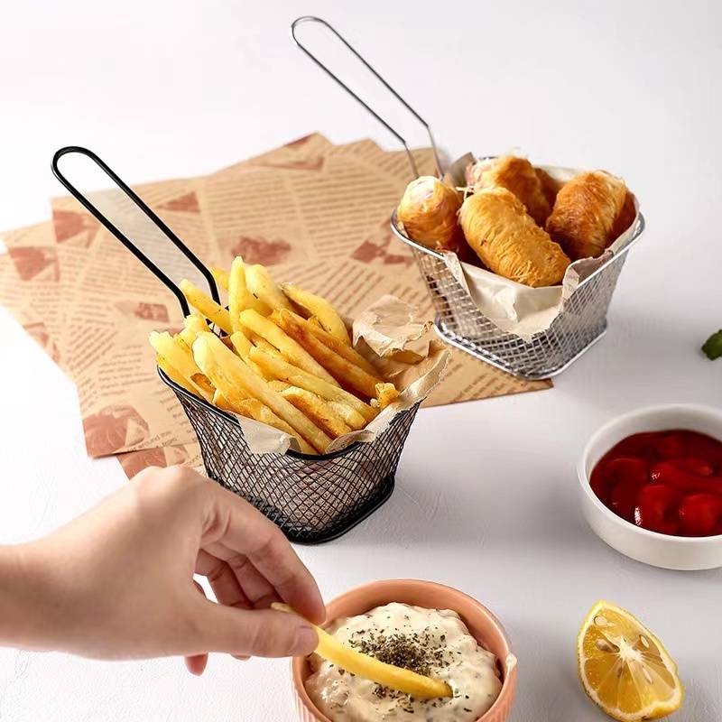 Hot Sale Square Stainless Steel French Fries Holder Fried Food Table Serving Oil Residue Filtration Potato Chips Fry Basket