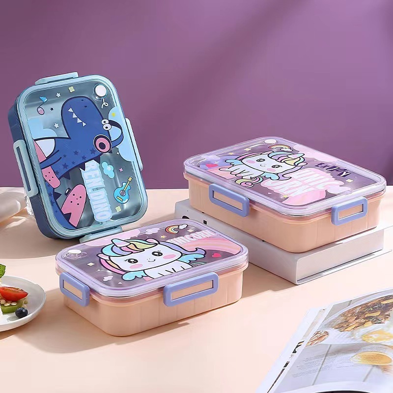 800ml Cartoon Stainless Steel 304 Lunch Box With Spoon Kids Leak-Proof Bento Box Student School Office Food Container