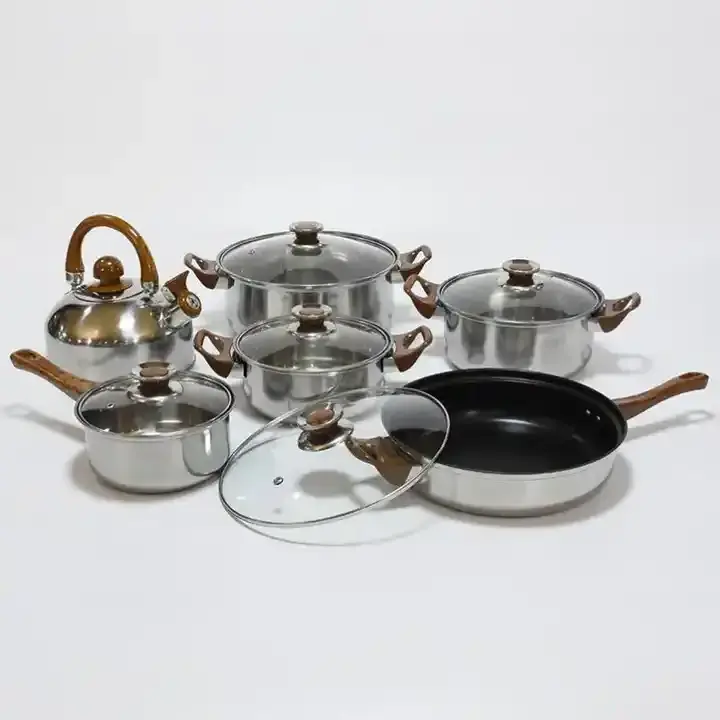 Wholesales Low price pots and pans set 12pcs multi-function stainless steel cookware set with whistling kettle