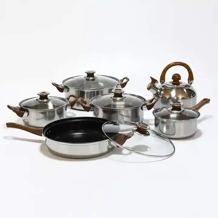 Wholesales Low price pots and pans set 12pcs multi-function stainless steel cookware set with whistling kettle