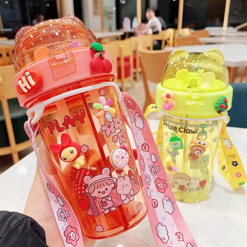 430ml Cute Children Double Drinking Water Bottle Straw Portable Outdoor Sport Bottle Student Couple Plastic Cup School Kids Gift