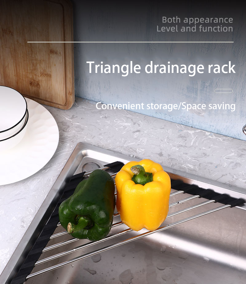 Triangle roll-up dish drying rack with silicone coating stainless steel frame for Kitchen dish drainer drying rack