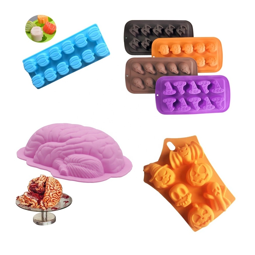 DIY Halloween Candy Chocolate Moulds Pumpkin Wizard Hat Ghost Bat Brain Baking Mold Silicone Halloween Cake Cookie Molds