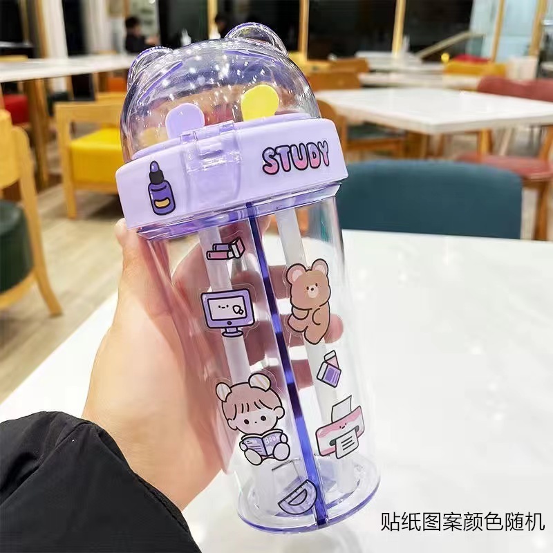 430ml Cute Children Double Drinking Water Bottle Straw Portable Outdoor Sport Bottle Student Couple Plastic Cup School Kids Gift