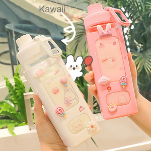 Gift Kawaii Bear Pastel Water Bottle with 3D Sticker 700ml/900ml Plastic Travel Tea Juice Milk Portable Cute Shaker Drink Bottle