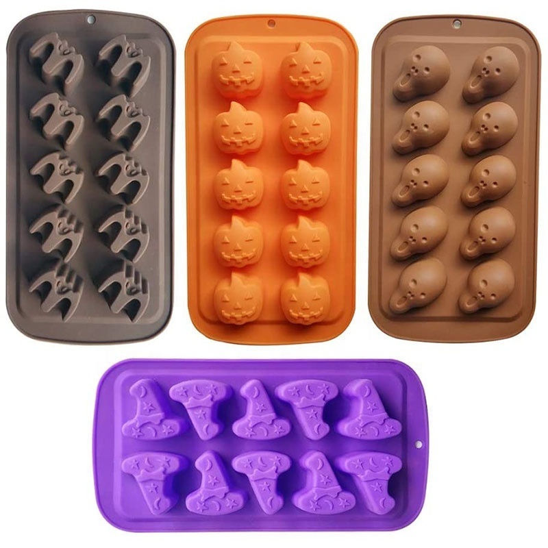 DIY Halloween Candy Chocolate Moulds Pumpkin Wizard Hat Ghost Bat Brain Baking Mold Silicone Halloween Cake Cookie Molds