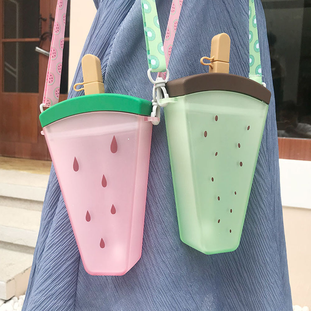 hot sale Kids Outdoor Portable Travel Water Bottle With Straw and Strap Creative Design Cute Ice   Fruit Popsicle Cup