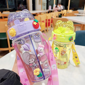 430ml Cute Children Double Drinking Water Bottle Straw Portable Outdoor Sport Bottle Student Couple Plastic Cup School Kids Gift