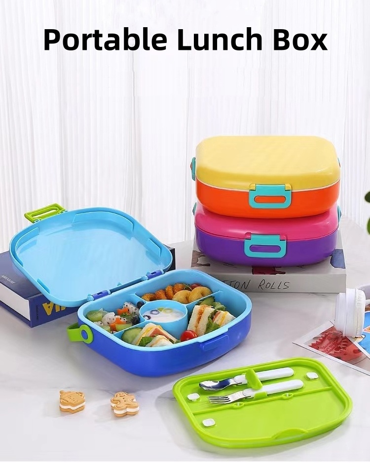 Lunch Box With Locking Lids For Kids School Office Reusable Microwaveable Meal-Prep Containers 4 Compartments Food Storage Bento