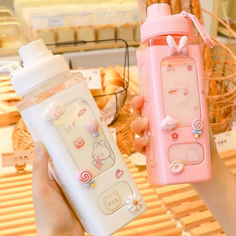 Gift Kawaii Bear Pastel Water Bottle with 3D Sticker 700ml/900ml Plastic Travel Tea Juice Milk Portable Cute Shaker Drink Bottle