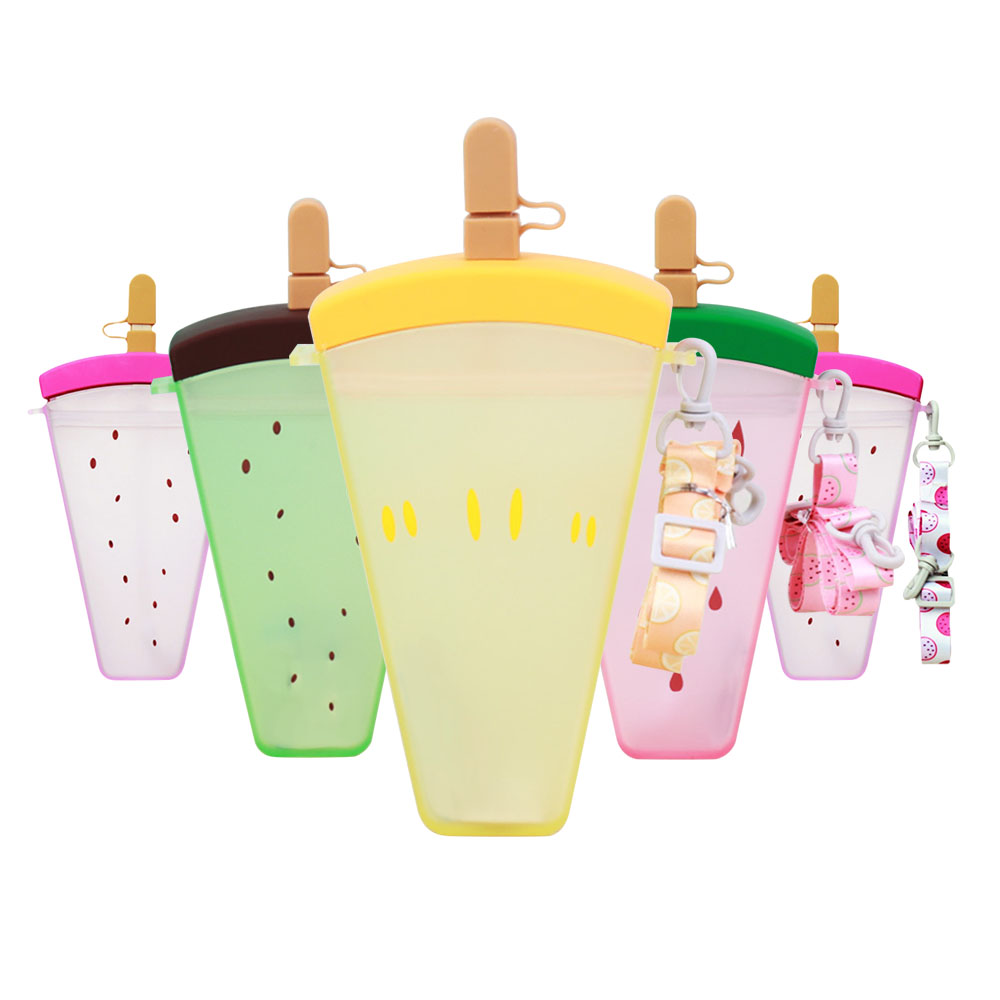 hot sale Kids Outdoor Portable Travel Water Bottle With Straw and Strap Creative Design Cute Ice   Fruit Popsicle Cup