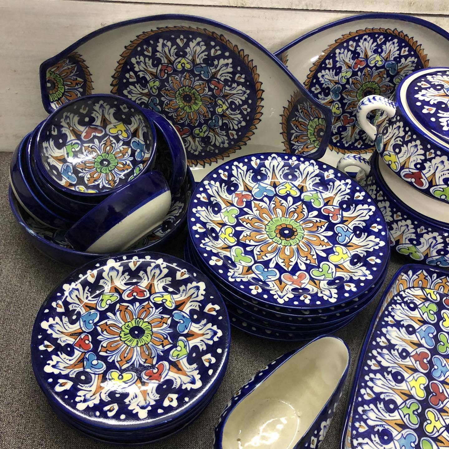 Blue Pottery Ceramic Blue Tranquility Dinner Set, Premium Hand Glazed Dinner Set, Pakistan Hand Painted Ceramic Dinner Set