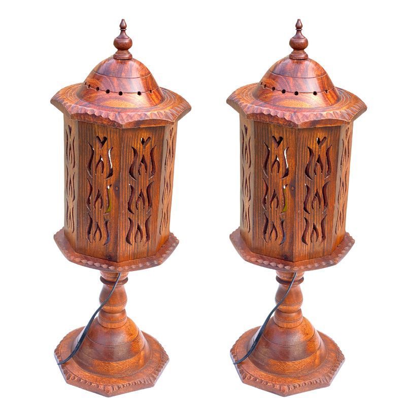 Minaar Wooden Living Room Lamp, Wooden Side Table Lamp Handcrafted, Hand Carved Wooden Table Lamp