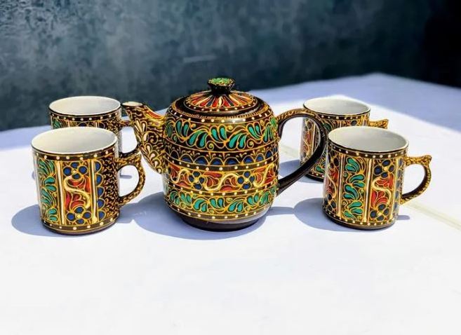 Swati Traditional Art Hand Painted Ceramic Cups And Steel Teapot Set, Swati Hand Painted Ceramic Tea Kettle Set,