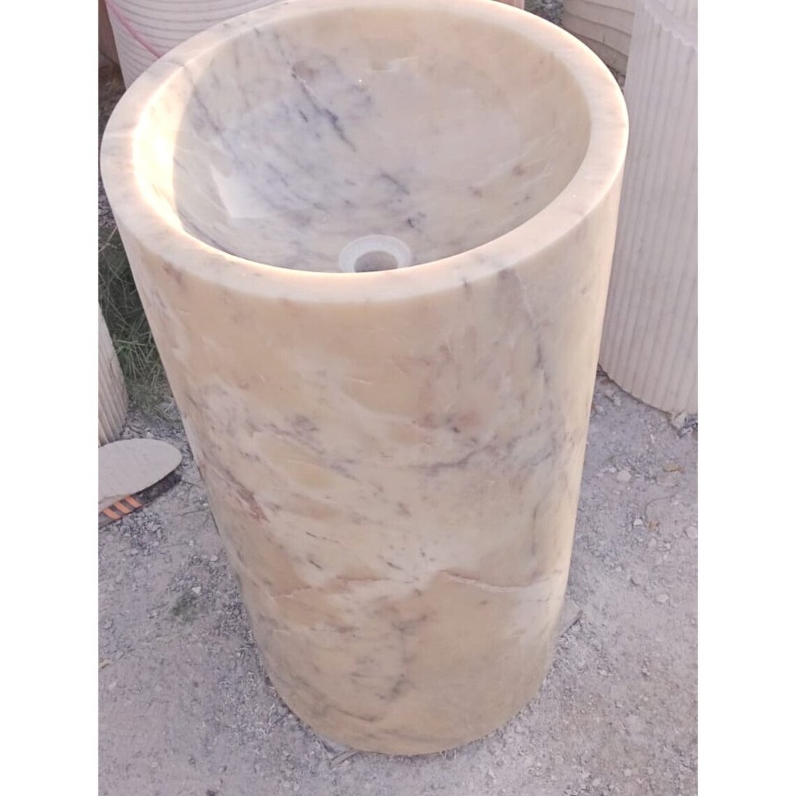 Onyx Marble Pedestal Sink, Natural Stone Round Pedestal Wash Basin for Bathroom, Free Standing Sinks vanity