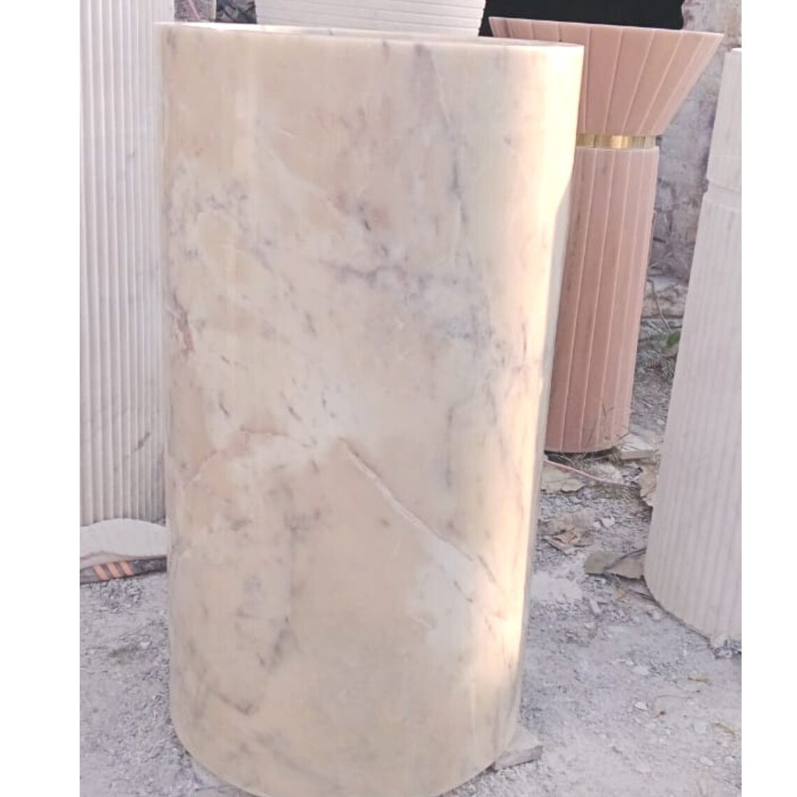 Onyx Marble Pedestal Sink, Natural Stone Round Pedestal Wash Basin for Bathroom, Free Standing Sinks vanity