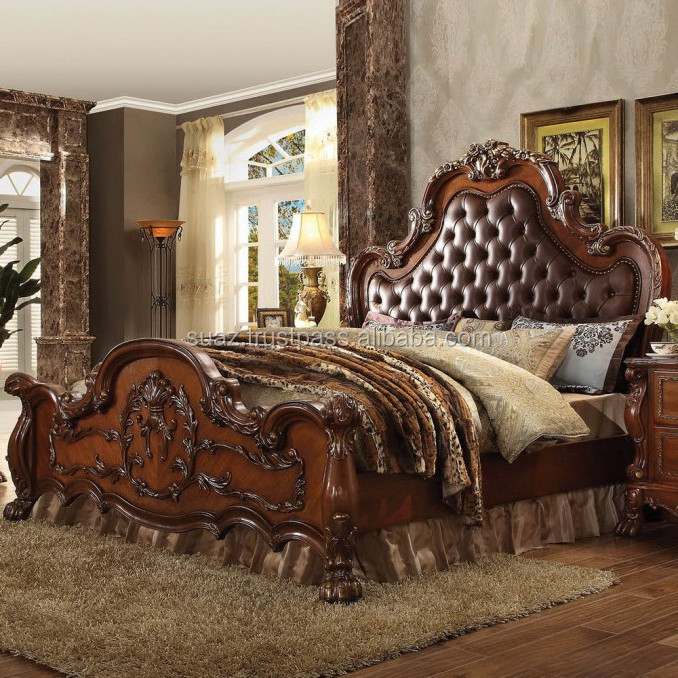 Leather Wooden Bed , Black Brown Leather Cushion Bed Set , Dark Polish Wood Bedroom set Home Furniture wooden