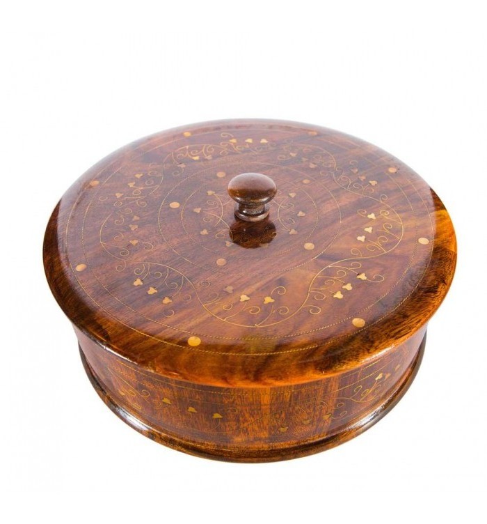 Wooden Hot pot brass inlaid Handmade wooden Kitchen Bowls, Wooden Traditional Chapati Hot Pot Serving Dish Decor Bucket