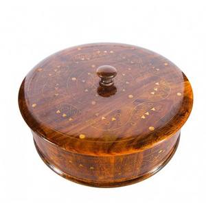 Wooden Hot pot brass inlaid Handmade wooden Kitchen Bowls, Wooden Traditional Chapati Hot Pot Serving Dish Decor Bucket