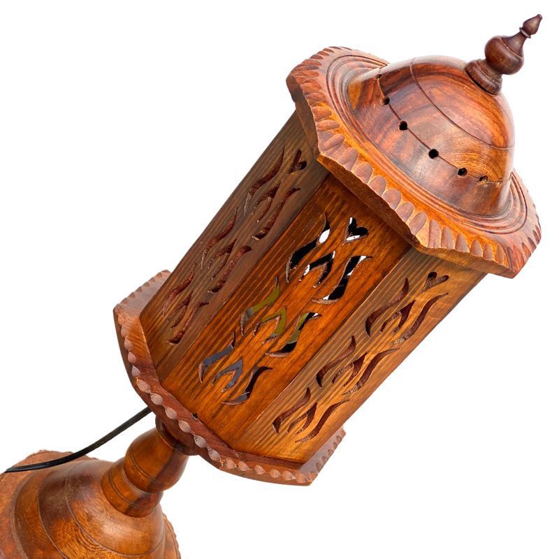 Minaar Wooden Living Room Lamp, Wooden Side Table Lamp Handcrafted, Hand Carved Wooden Table Lamp