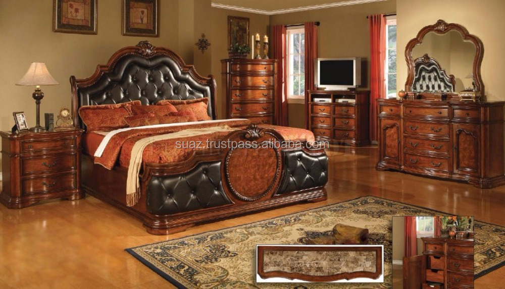 Leather Wooden Bed , Black Brown Leather Cushion Bed Set , Dark Polish Wood Bedroom set Home Furniture wooden