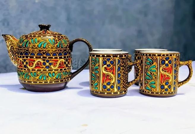 Swati Traditional Art Hand Painted Ceramic Cups And Steel Teapot Set, Swati Hand Painted Ceramic Tea Kettle Set,