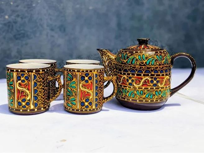 Swati Traditional Art Hand Painted Ceramic Cups And Steel Teapot Set, Swati Hand Painted Ceramic Tea Kettle Set,