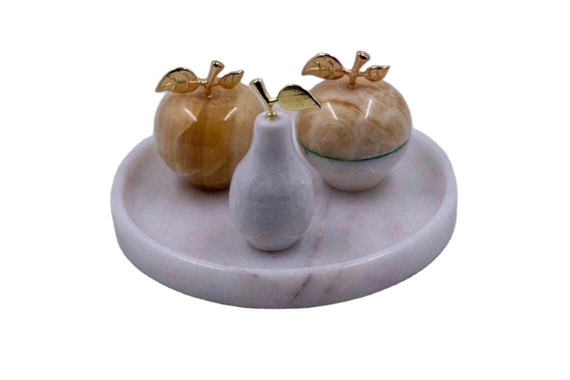 Onyx stone decor fruit set, Natural marble handmade small plate and fruit figure, marble apple and pear figure