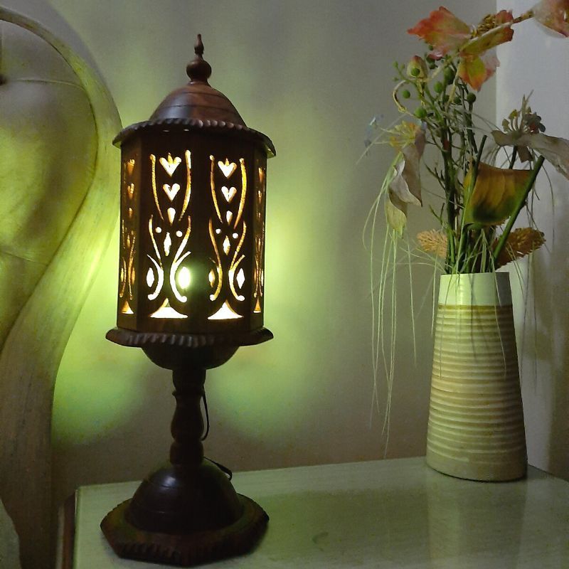 Minaar Wooden Living Room Lamp, Wooden Side Table Lamp Handcrafted, Hand Carved Wooden Table Lamp