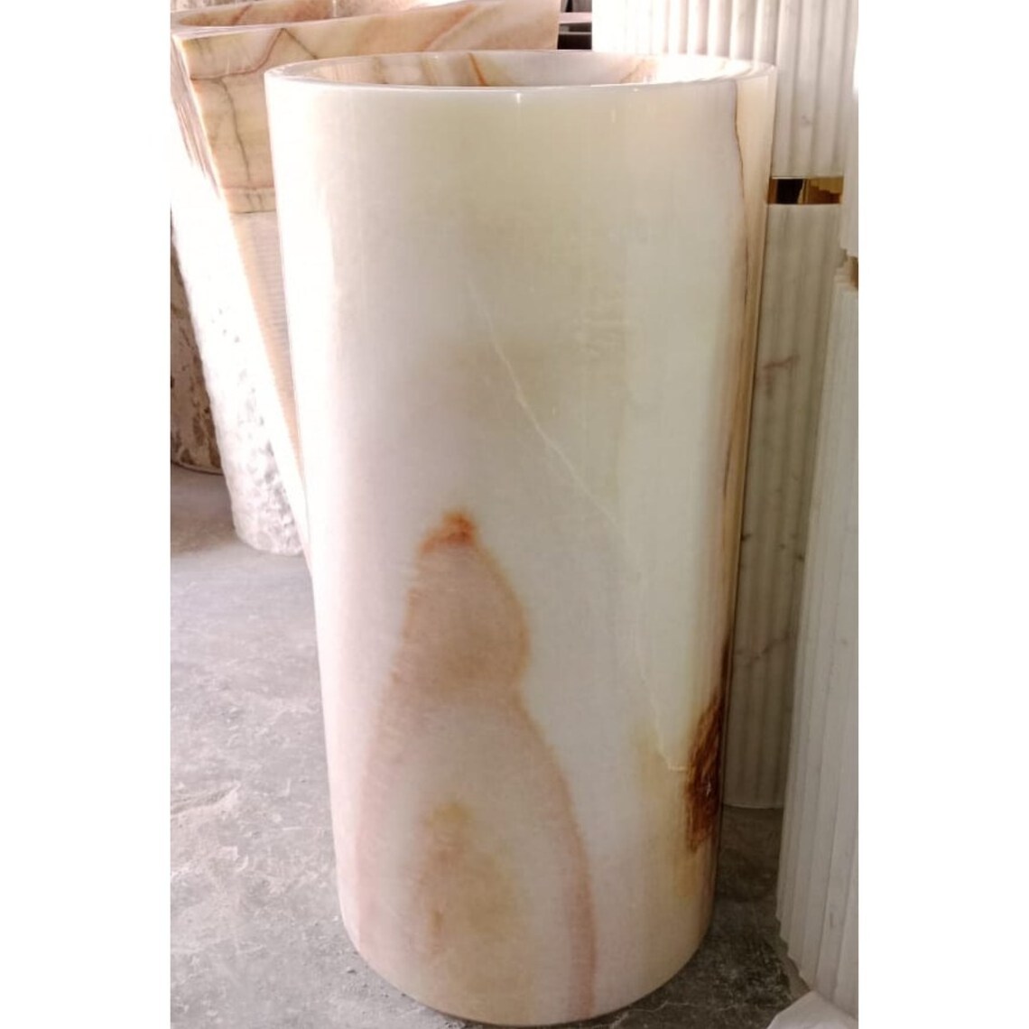 Onyx Marble Pedestal Sink, Natural Stone Round Pedestal Wash Basin for Bathroom, Free Standing Sinks vanity