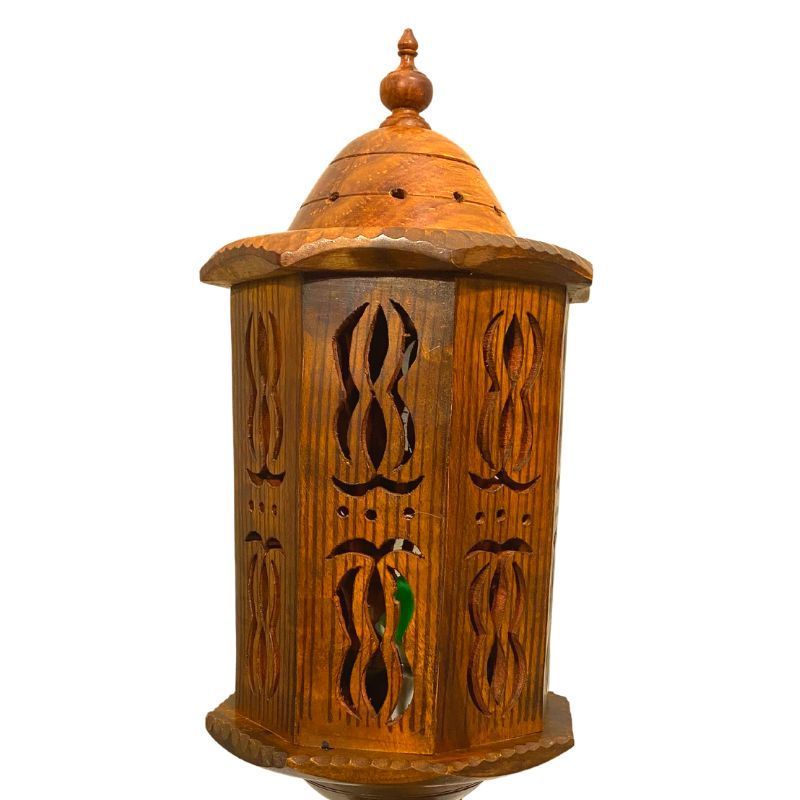 Minaar Wooden Living Room Lamp, Wooden Side Table Lamp Handcrafted, Hand Carved Wooden Table Lamp