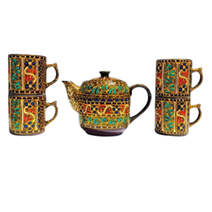 Swati Traditional Art Hand Painted Ceramic Cups And Steel Teapot Set, Swati Hand Painted Ceramic Tea Kettle Set,