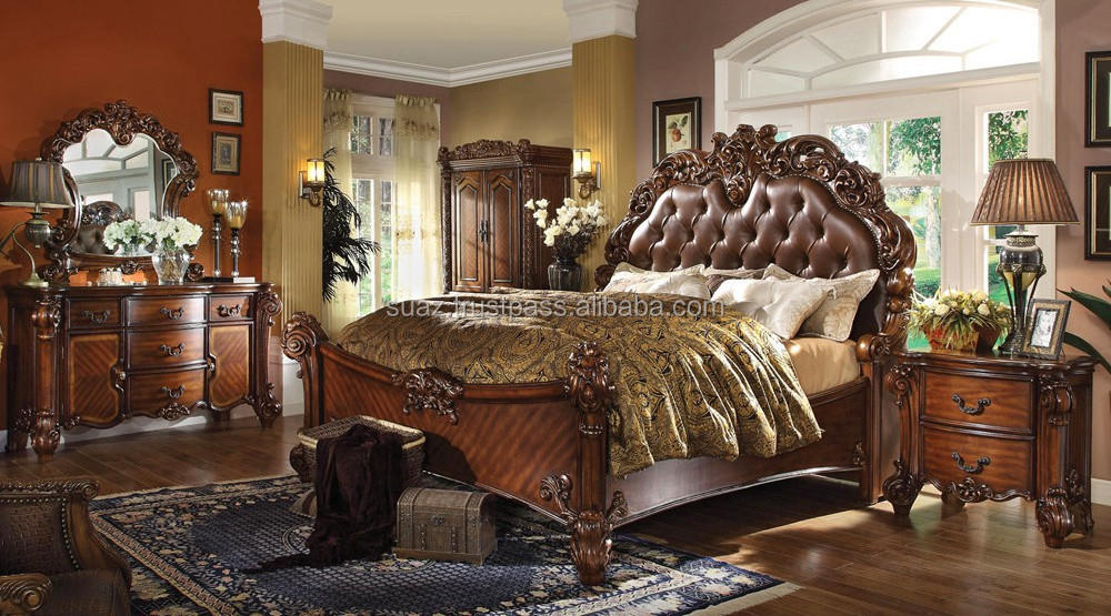 Leather Wooden Bed , Black Brown Leather Cushion Bed Set , Dark Polish Wood Bedroom set Home Furniture wooden