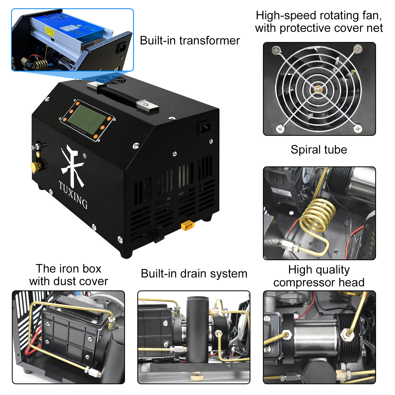 TUXING Low Price 4500psi 300bar 220V Electric Intelligence Auto Shut-off LCD Display Control Screen Pump 12V PCP Air Compressor