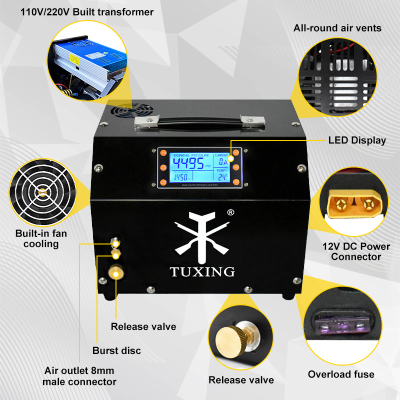 TUXING Low Price 4500psi 300bar 220V Electric Intelligence Auto Shut-off LCD Display Control Screen Pump 12V PCP Air Compressor