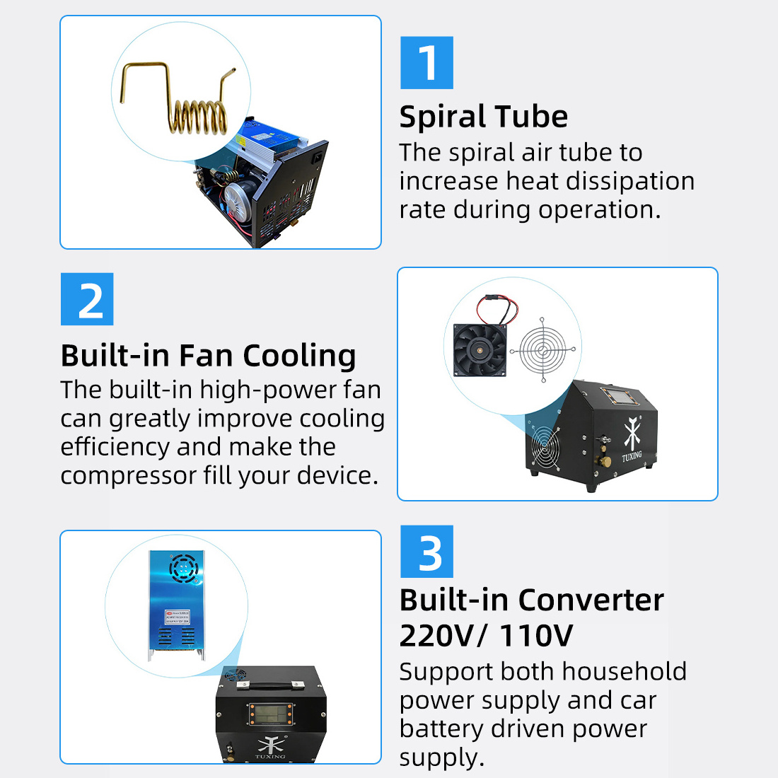 TUXING Low Price 4500psi 300bar 220V Electric Intelligence Auto Shut-off LCD Display Control Screen Pump 12V PCP Air Compressor