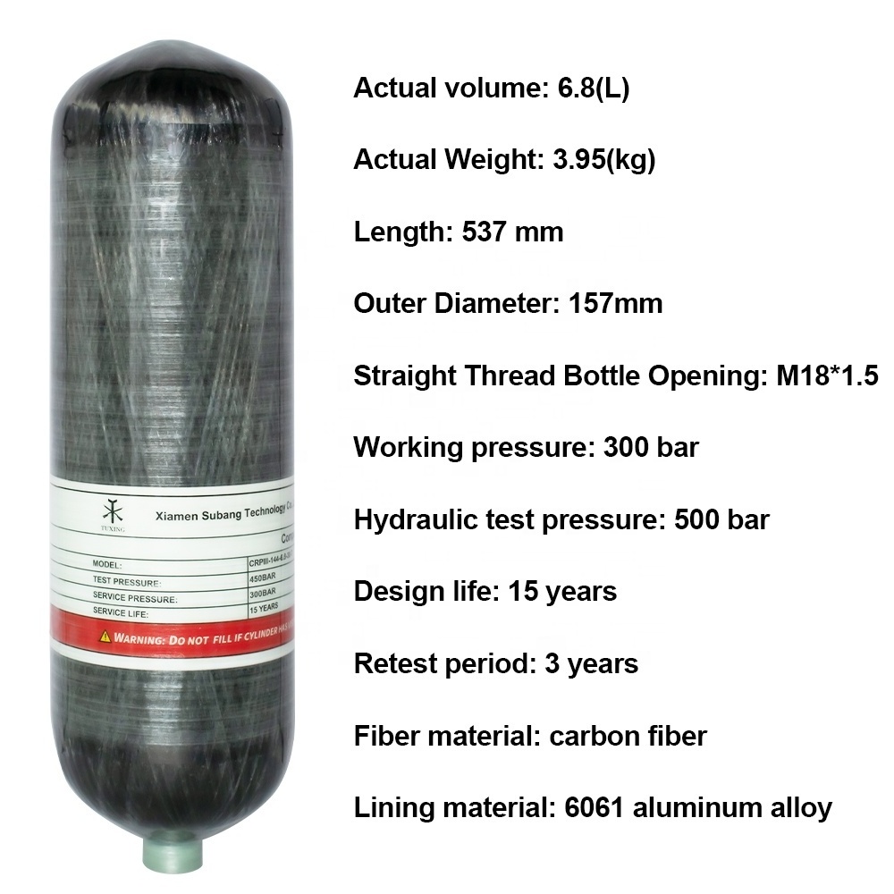 TUXING Factory Wholesale Custom 6.8L 30mpa 300bar 4500psi HPA Bottle Breathing Compressed Air Gas Cylinder Carbon Fiber Tank