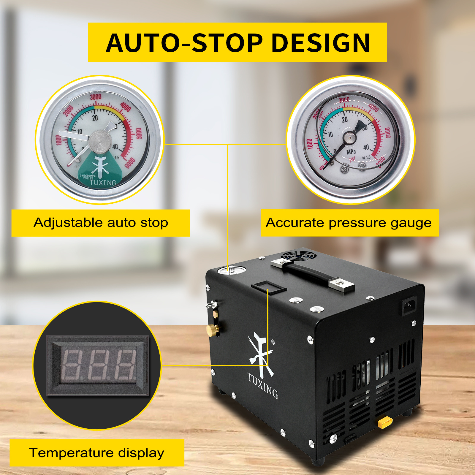 TUXING Auto Stop 4500PSI/300BAR/30MPA Built-in 12V Power Adapter Drain System Oil Water Free Battery Powered PCP Air Compressor