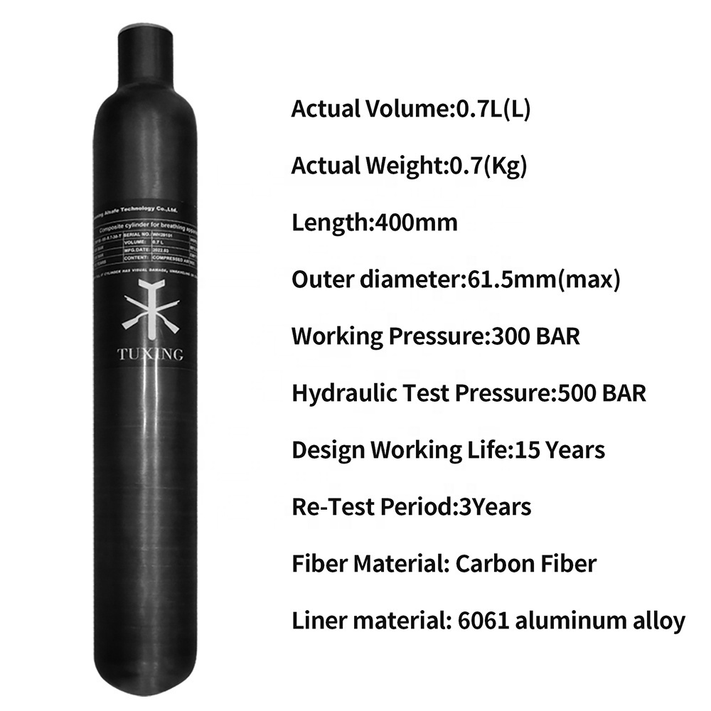 TUXING 0.7L 300bar 4500psi 30mpa PCP Carbon Fiber Air Tank for Paintball